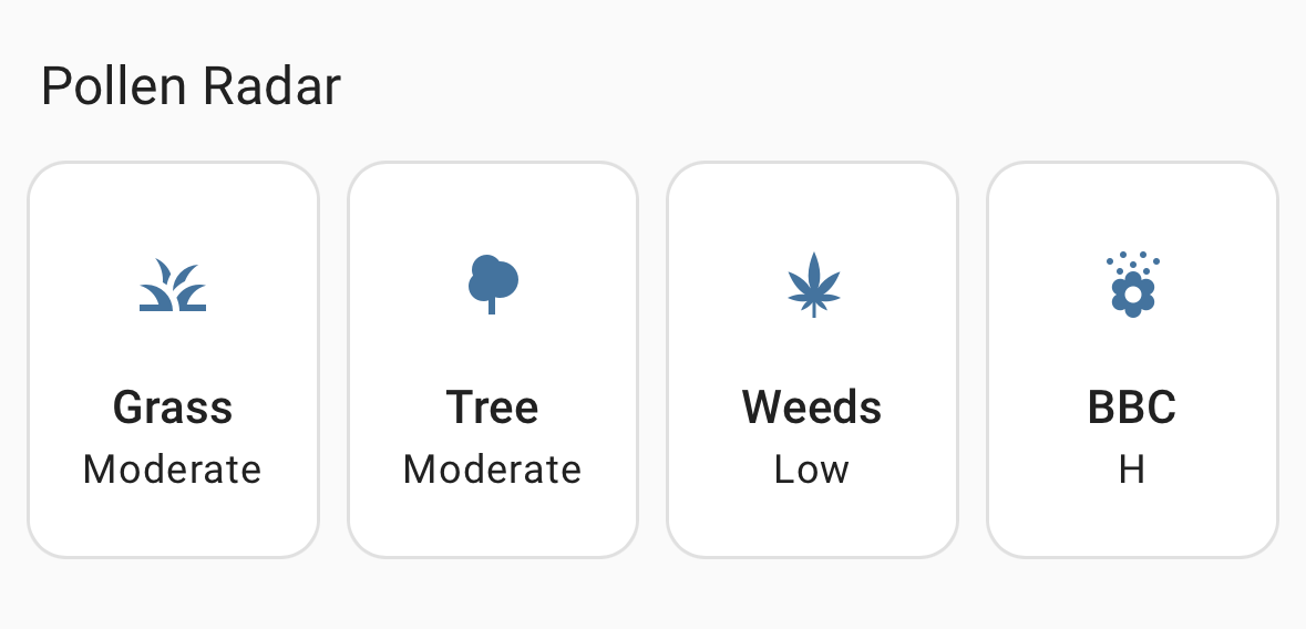 Screenshot: A "Pollen Radar" graphic displaying pollen levels for different categories: Grass (Moderate), Tree (Moderate), Weeds (Low), and BBC (H).
